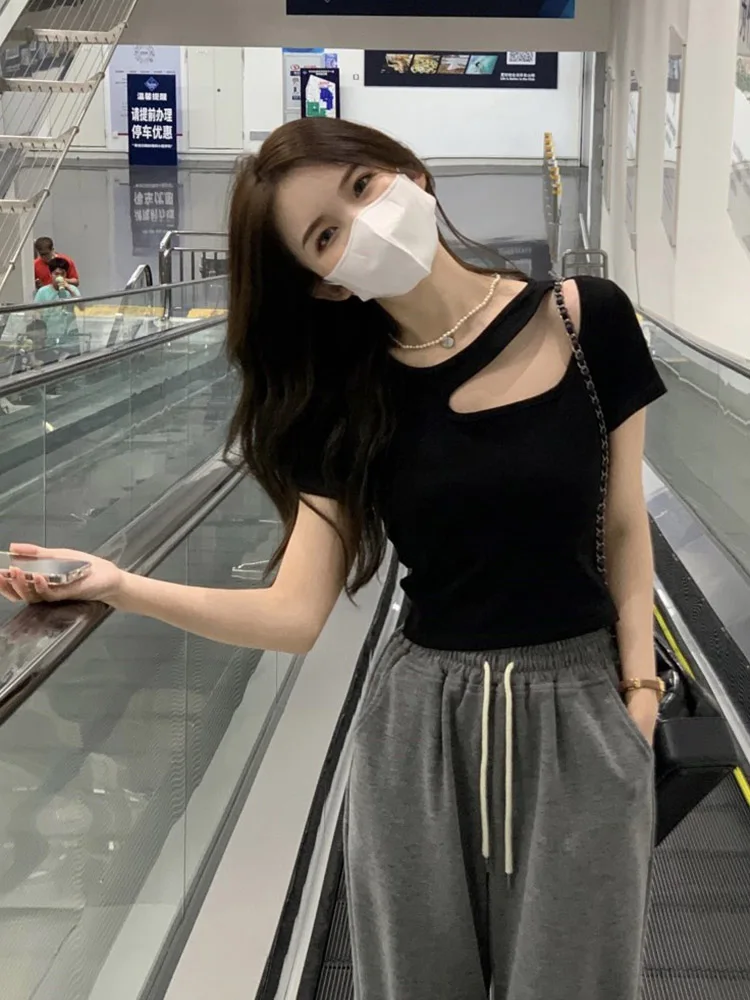 

2024 New Summer Fashion Y2K T-shirt Woman Sexy Hollow Out Crop Top Women Hole Skinny Slim Short Sleeve Tee Shirt Femme Tshirts