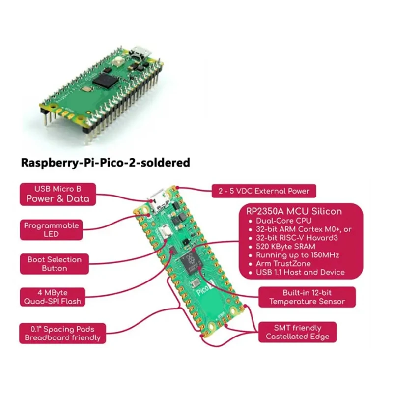 For Raspberry Pi Pico 2 Development Board RP2350 Pico2 ARM Cortex-M33 And RISC-V Hazard3 520Kbyte 4Mbyte QSPI Flash