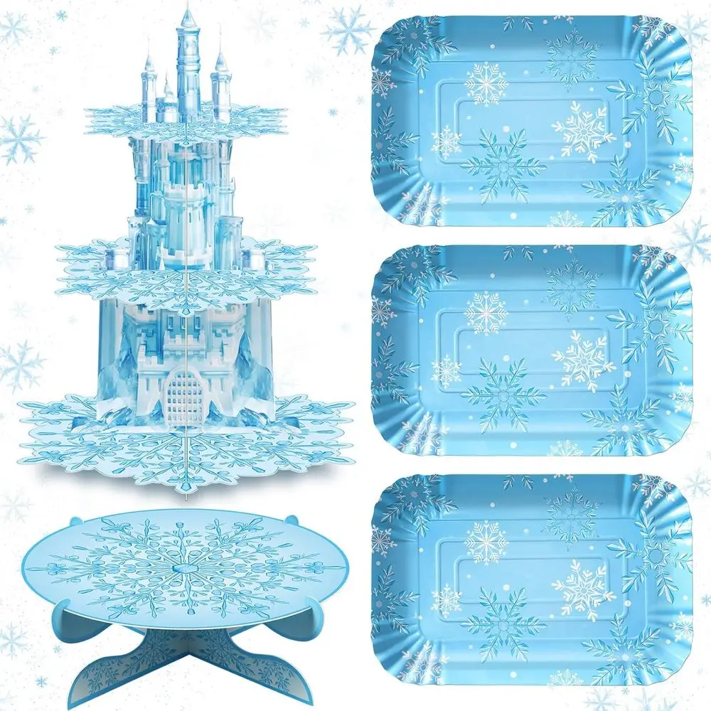 3-Tier Blue Castle Cupcake Stand and 1-Tier Cake Holder with 3 Winter Serving Trays for Birthday Party Supplies