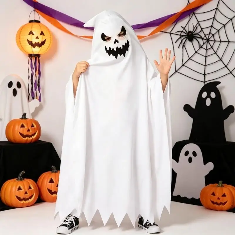 39BD White Hooded Spirit Costume for Kids Party and Play Time Fun Cosplay Capes