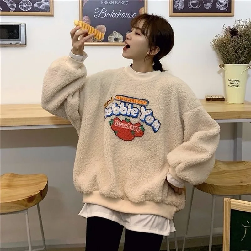 Sweatshirt Women Lovely Soft Thicker Velvet Cartoon College Girls Winter Clothes Korean Sudaderas Para Mujer Fashion New Design