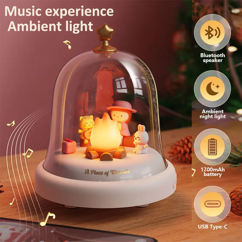 Caja de música navideña recargable con Bluetooth, luz nocturna LED con diseño de campana y llama para decoración de ambiente del hogar, regalos de Navidad para niños