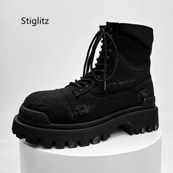 Vintage Ripped Denim Motorcycle Boots for Men Thick Soled Lace Up Non-Slip Cowboy Work Boots Platform Outdoor Hiking Shoes