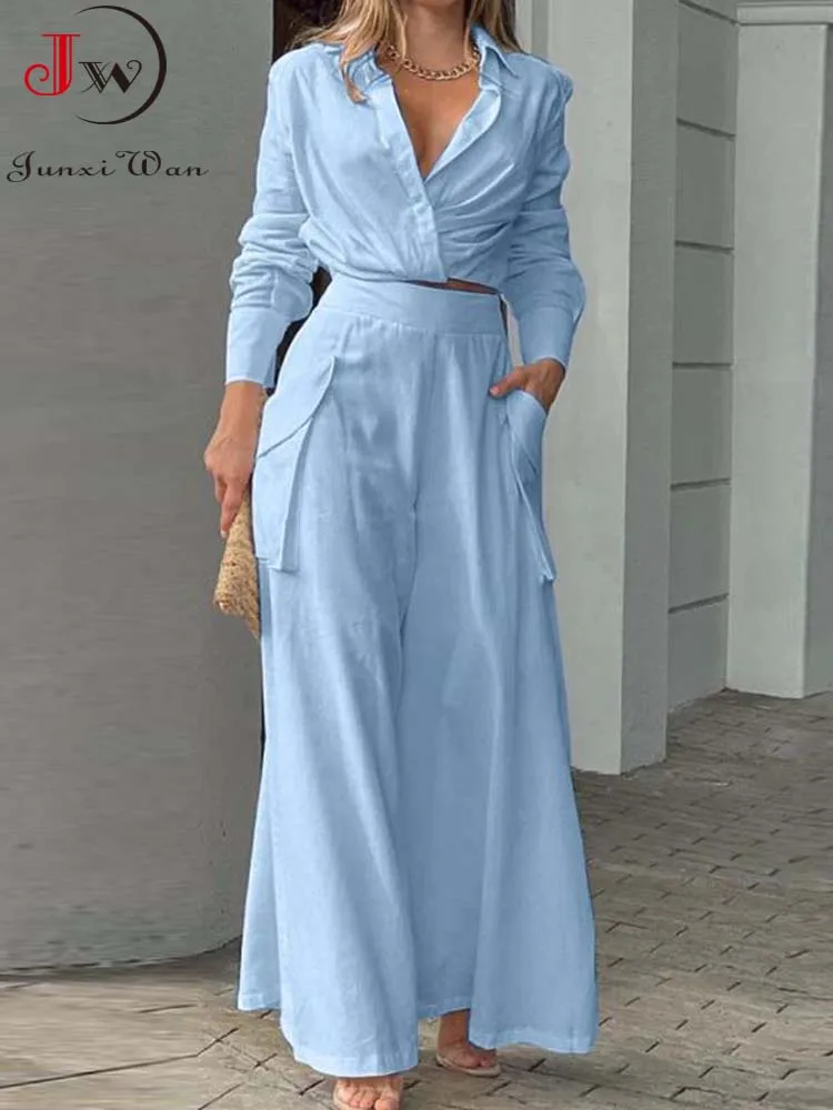 Dames Jumpsuit Lente Zomer Lange Mouw Hoge Taille Effen Shirt Wijde Pijpen Broek Pak Casual Elegant