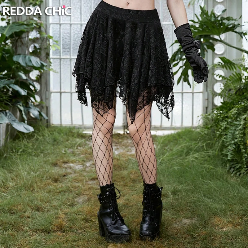 REDDACHiC Renaissance Floral Lace Women Mini Skirt Black Goth Punk Elastic Waist Irregular Ruffle Tiered Skirt Burlesque Clothes