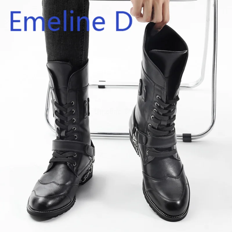 

Men's Trendy Boots Punk British Style Long Boots Casual High Boots Mid Heel Round Toe Belt Buckle Chain Decorative Work Boots