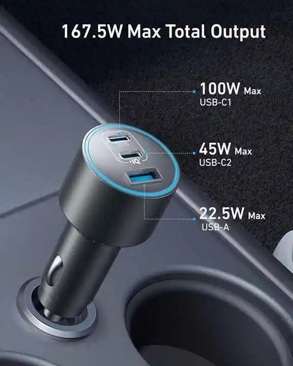 Anker USB-C Car Charger 167.5W Max with 3-Port Ultra-Compact Type-C Fast Phone Car Charger for iPhone 16