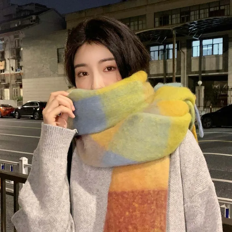 Rainbow Plaid Scarf For Women Autumn-Winter Premium Color Matching Fringe Mohair Thickened Shawl 24W027