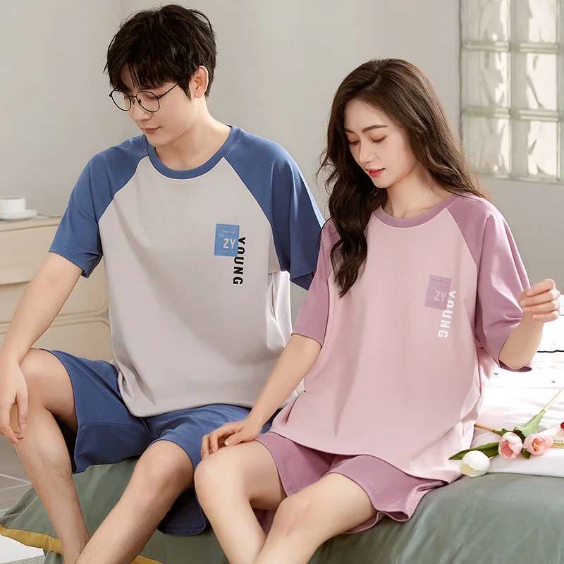 2 Pieces Set Sleep Tops & Shorts Cotton Pajamas For Women Men Summer Short Nightwear Homewear Plus Size Sleepwear For Couples