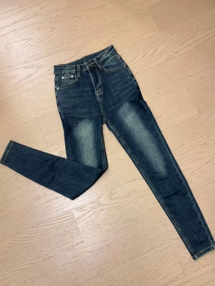 

Deep Blue Retro Denim Pants Women's Slimming High Waist Cotton Stretch Bootcut Nine-Piece Pencil Pants Faionable Trousers