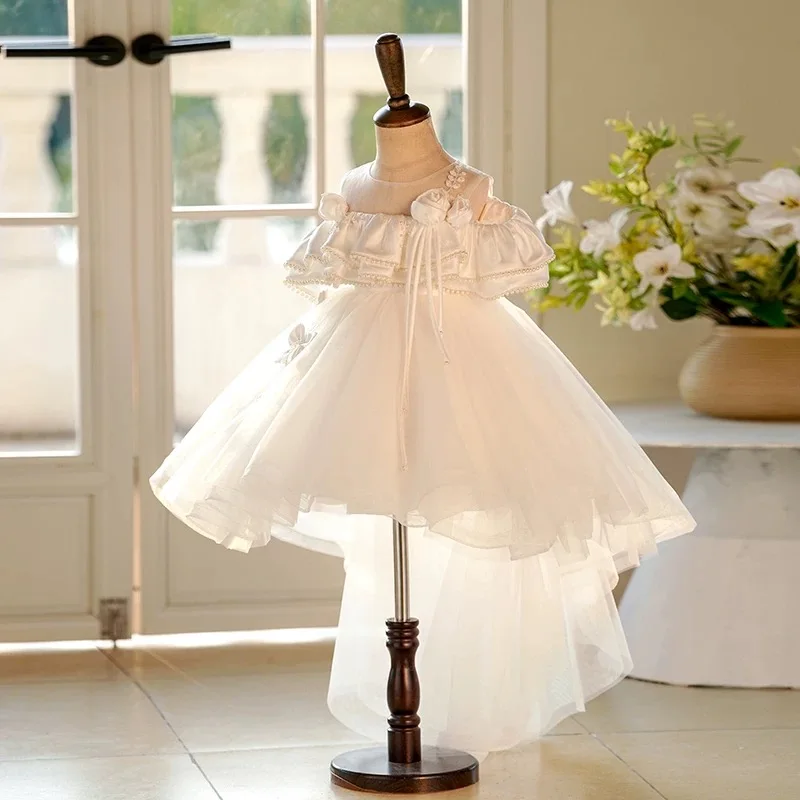 Elegantes weißes Blumenmädchenkleid mit Schleppe Prinzessin Kleinkind Kinder Hochzeit 1. Geburtstag Festzug Party Urlaubskleid J414B