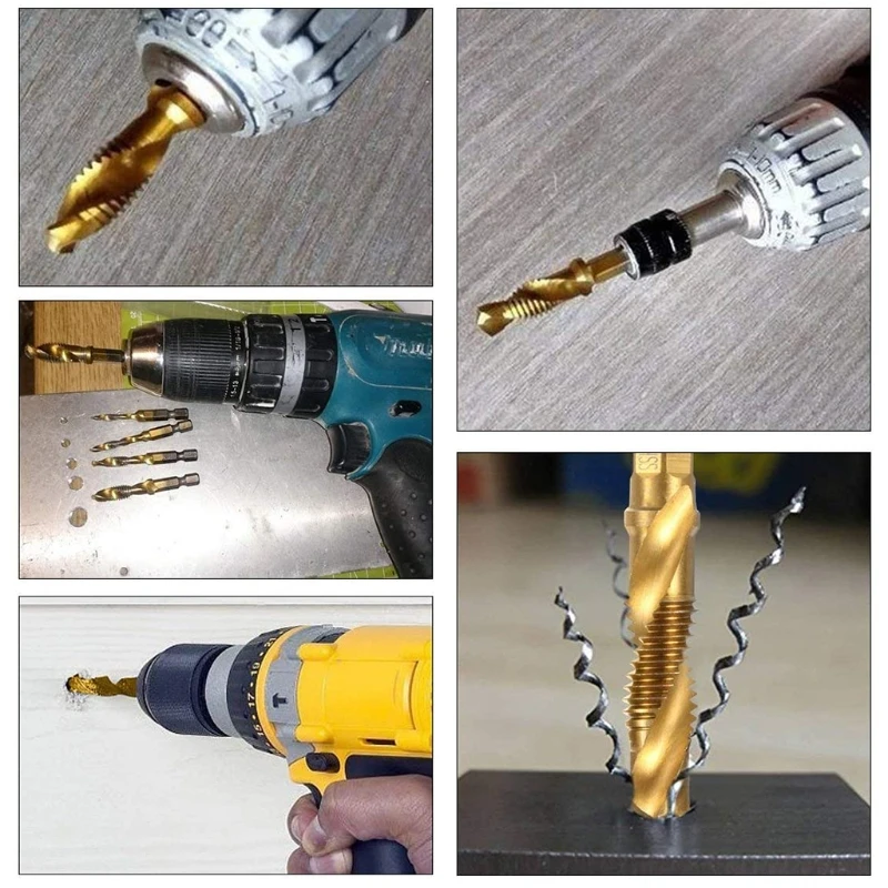 6 Pieces Drill Tap Combination for Titanium Coated HSS 1/4inch Shank Metric Thread Drill & Tap Bits Set M3-M10