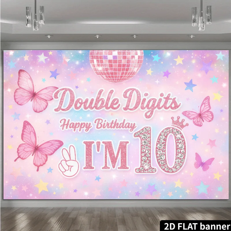 Double Digits 10th Birthday Tapestry, Pink Butterfly & Disco Ball Party Backdrop Wall Hanging for Kids Room Decor