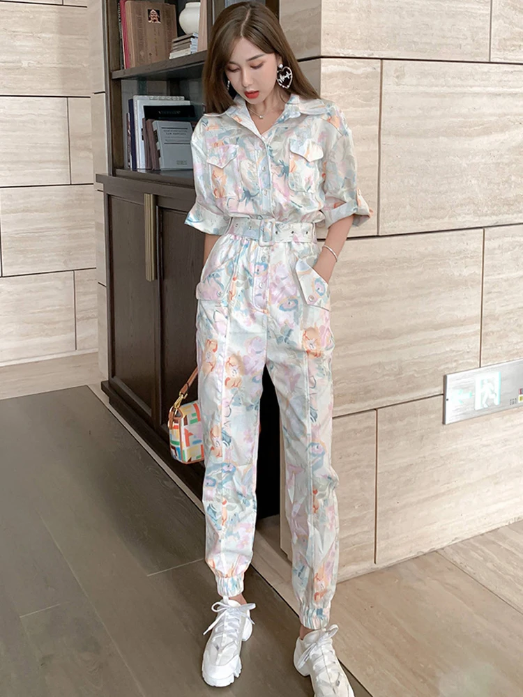 

Summer Casual Streetwear Jumpsuit Women Print Floral Turndown Collar Single Breasted Adjustable Waist Pockets Trousers Overalls