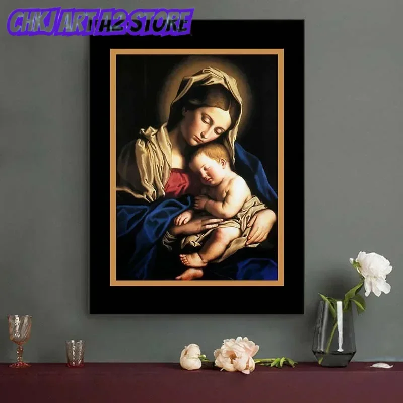 Virgin Mary Holding Jesus Canvas Oil Painting Catholic Icon Painting Poster Mother and Child Wall Art Picture Home Wall Decor