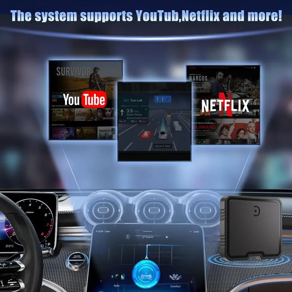 Adaptador carplay sem fio 2025 atualização netflix youtube tf cartão plug play dongle apple car play adaptador smartphone streaming USB-C