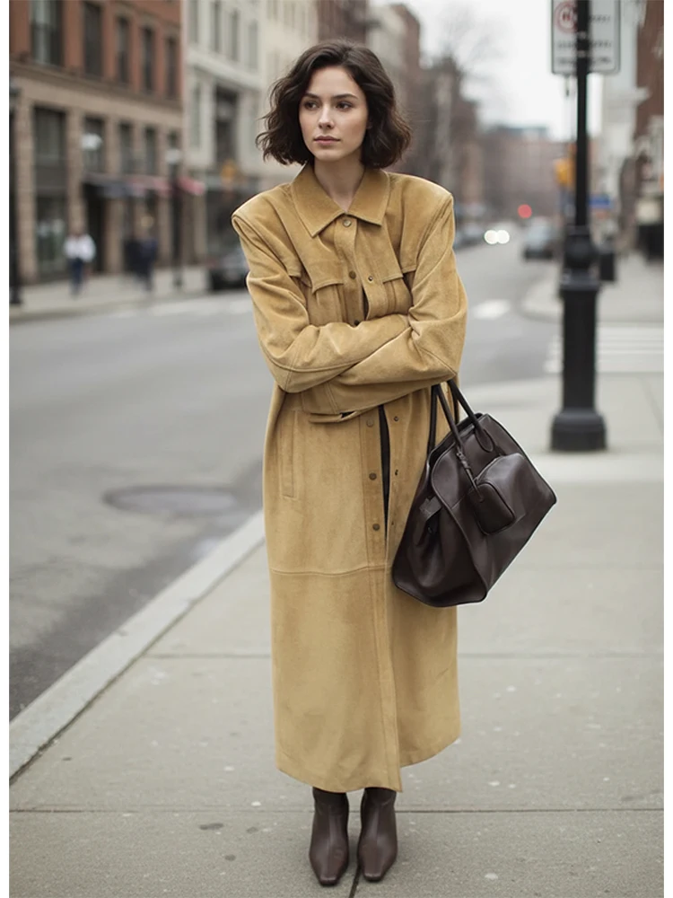 Fashion Solid Wildleder Mantel Frauen Elegante Revers Langen Ärmeln Taschen Lose einreiher Mantel Herbst Dame Pendeln Outwear