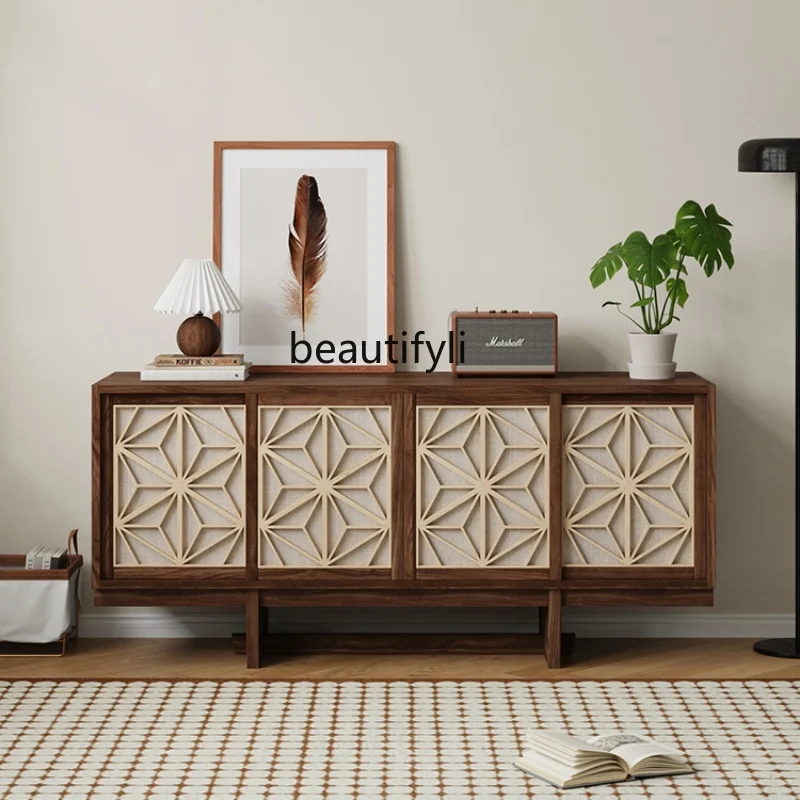 

Black Walnut TV Cabinet All Solid Wood Simple Sideboard Italian Minimalist Light Luxury Style Partition Entrance Cabinet