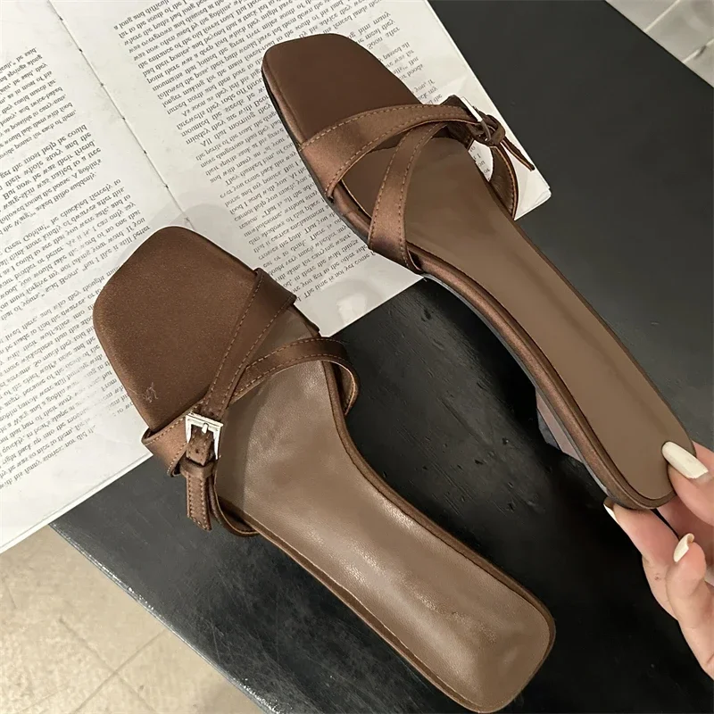 Summer Fashion Narrow Band Strange Style Low Heels Slippers Square Toe Party Beach Women Sandals Slides Shoes