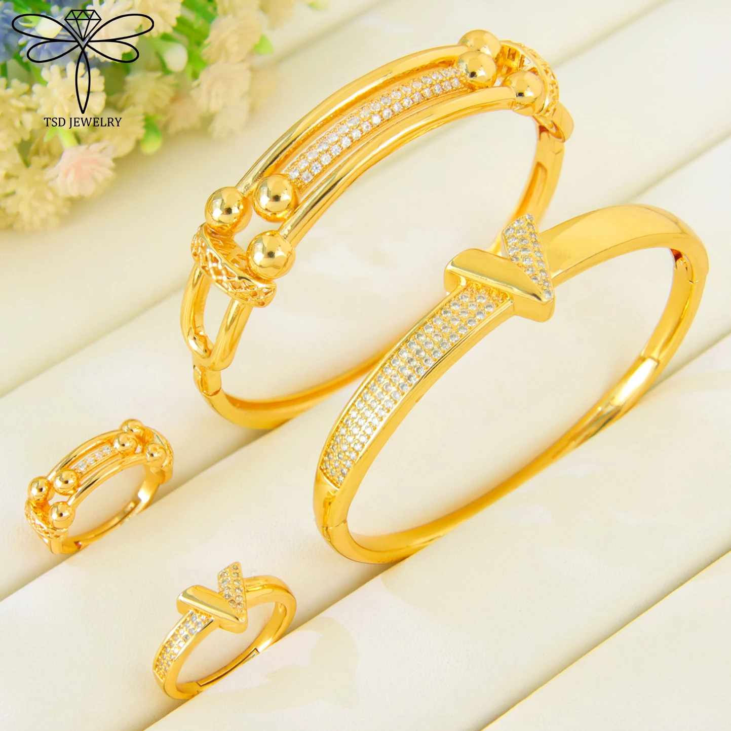 

Brazilian Gold Zirconia Jewelry Set 21k Gold Plated Arabia Trendy Vintage Opening Bracelet Rings Nigeria Women Wedding Jewelrys