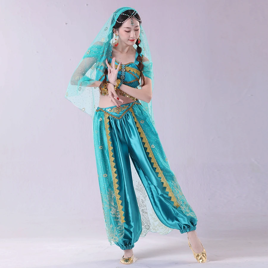 Halloween Festival Arabian Cosplay Princess Jasmine Costume Belly Dance Indian Bollywood Veil Top Pants Accessories Set Festival