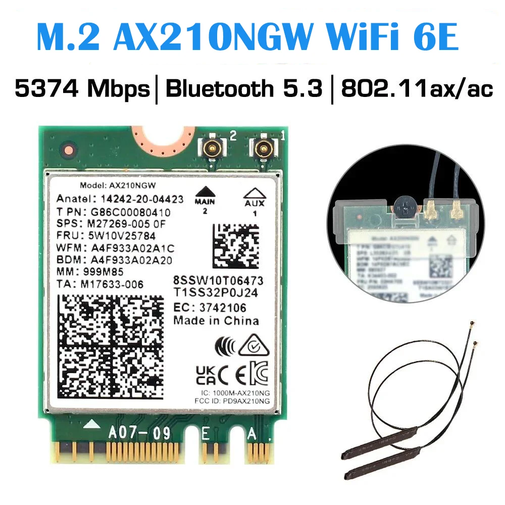

Wifi 6e AX210 WiFi card 802.11ax 5400Mbps M.2 NGFF Wireless Bluetooth 5.3 Wifi network card 2.4G/5Ghz WiFi Adapter