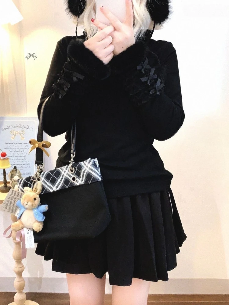 일본 니트 여성 풀오버 리본 패치워크 Y2K 감성 점퍼 로리타 레이스 퍼프 소매 귀여운 스웨터 여성 의류