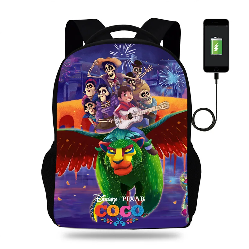 Fashion Disney Coco Backpack Boys Girls School Bag Teenager Book Bags Men Women Rucksack USB Travel Knapsack Mochila