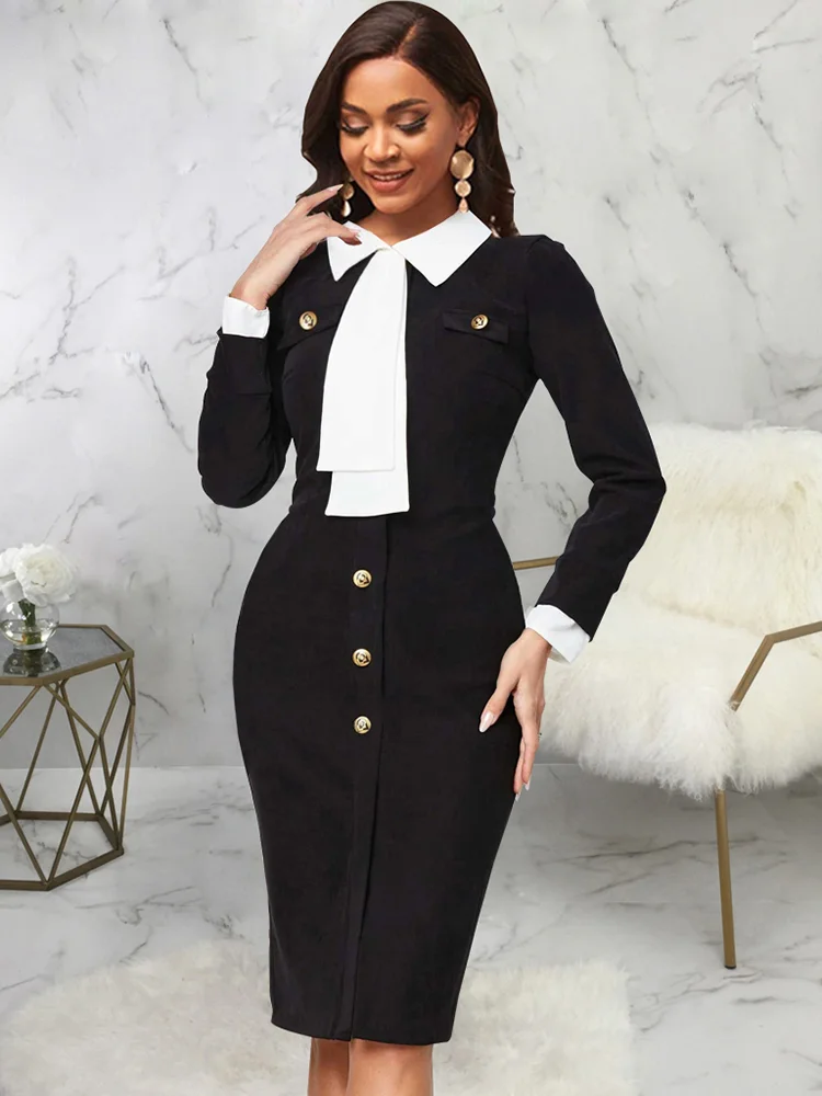 2023 Summer Dresses for Women Solid Long Sleeve Button Design Work Dress Vestidos De Mujer Casual Elegant Midi Robe Female