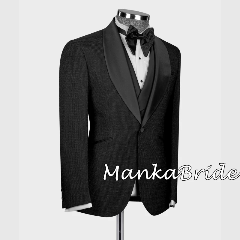 Black Satin Collar Black Groom Tuxedo for Wedding Party 3PCS Blazer Vest Pants Formal Full Men's Suits