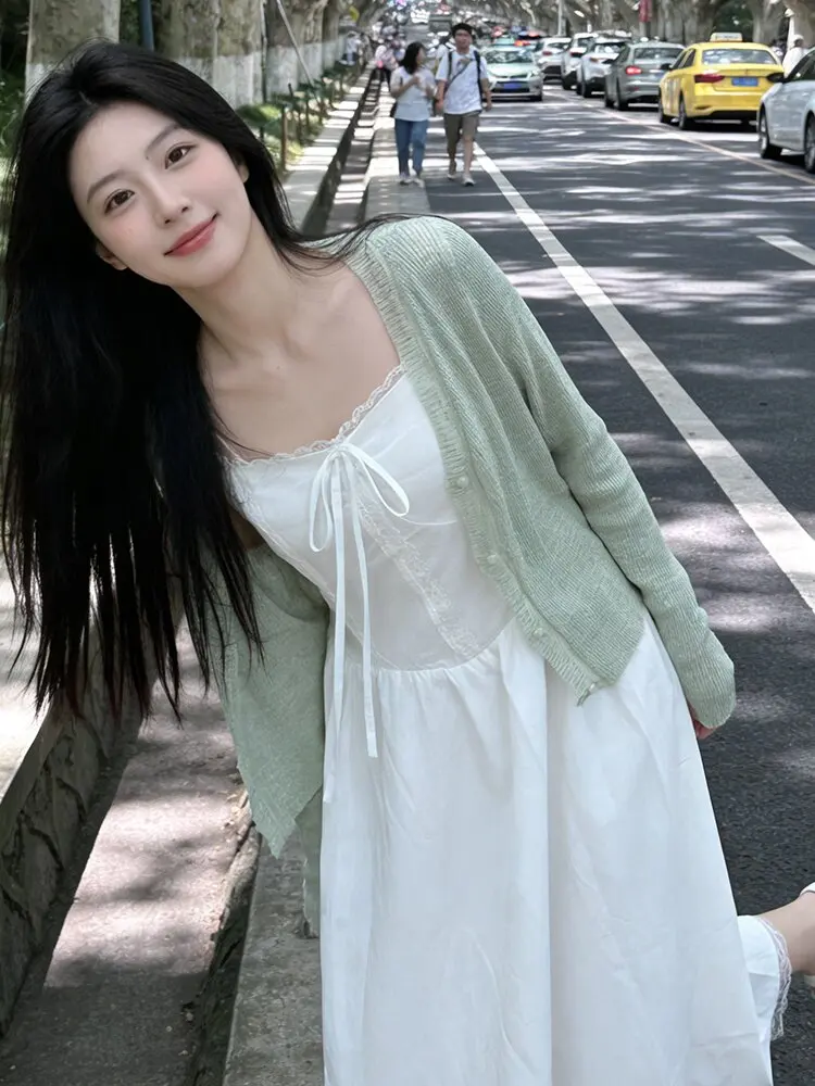 

Spring een Knitted Cardigan Set Women's Casual Sle Slimming Strap Dr Two-Piece Set Comfortable Breathable Lace Design