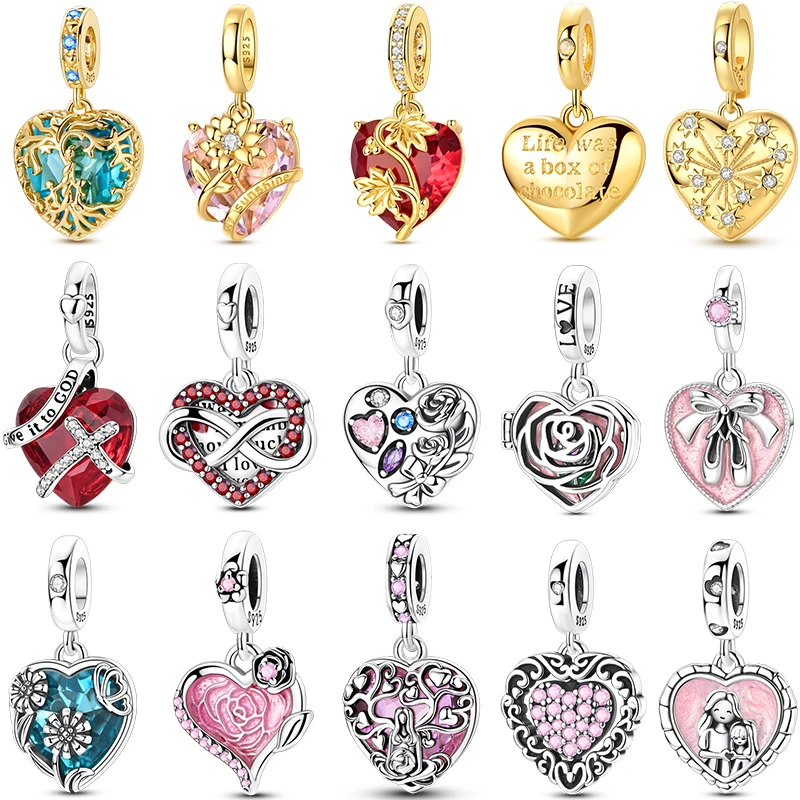 Love Heart Series Charm 925 Sterling Silver Golden Moon Sun CZ Zircon Pendant Bead Fit Original Bangle Bracelet DIY Jewelry Gift
