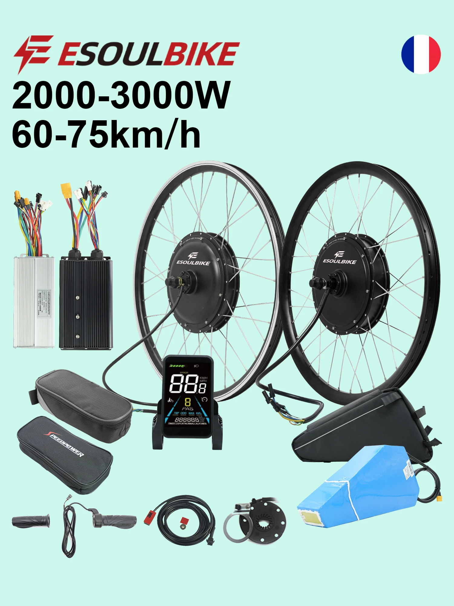 ESOULBIKE fietsmotor ombouwset 72V 3000W 52V 2000W MTX velg wielnaafmotor 26 inch 27.5/28/29/700C met 72V 30Ah accu - afbeelding 2