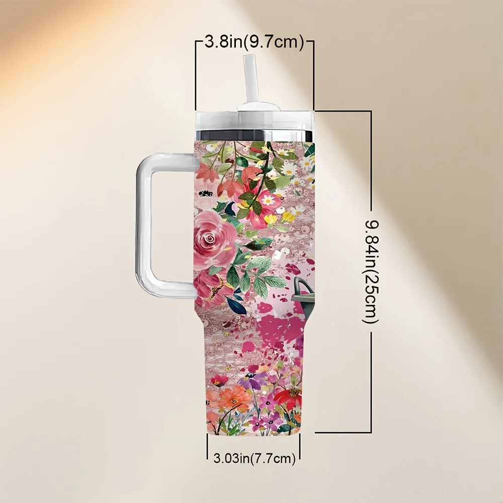 Vintage Pretty Floral Cute Highland Cow Print Portable Insulated Large Capacity Travel Drinking Tumbler with Handle And Reusable Straw
