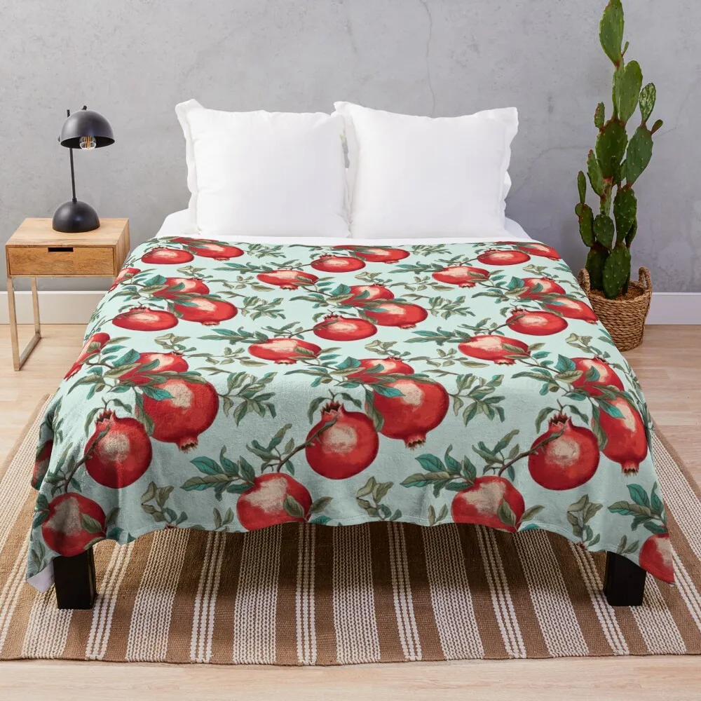 Vintage Botanical Illustration of Pomegranate (Punica granatum), Seamless Pattern Merchandise Throw Blanket Soft Plaid Blankets