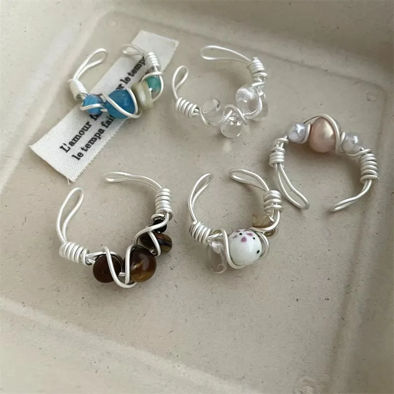 

Boho Handmade Wire Wrapped Ring Natural Raw Crystal Colorful Ceramic Bead Ring Retro Personality Fashion Women Statement Jewelry