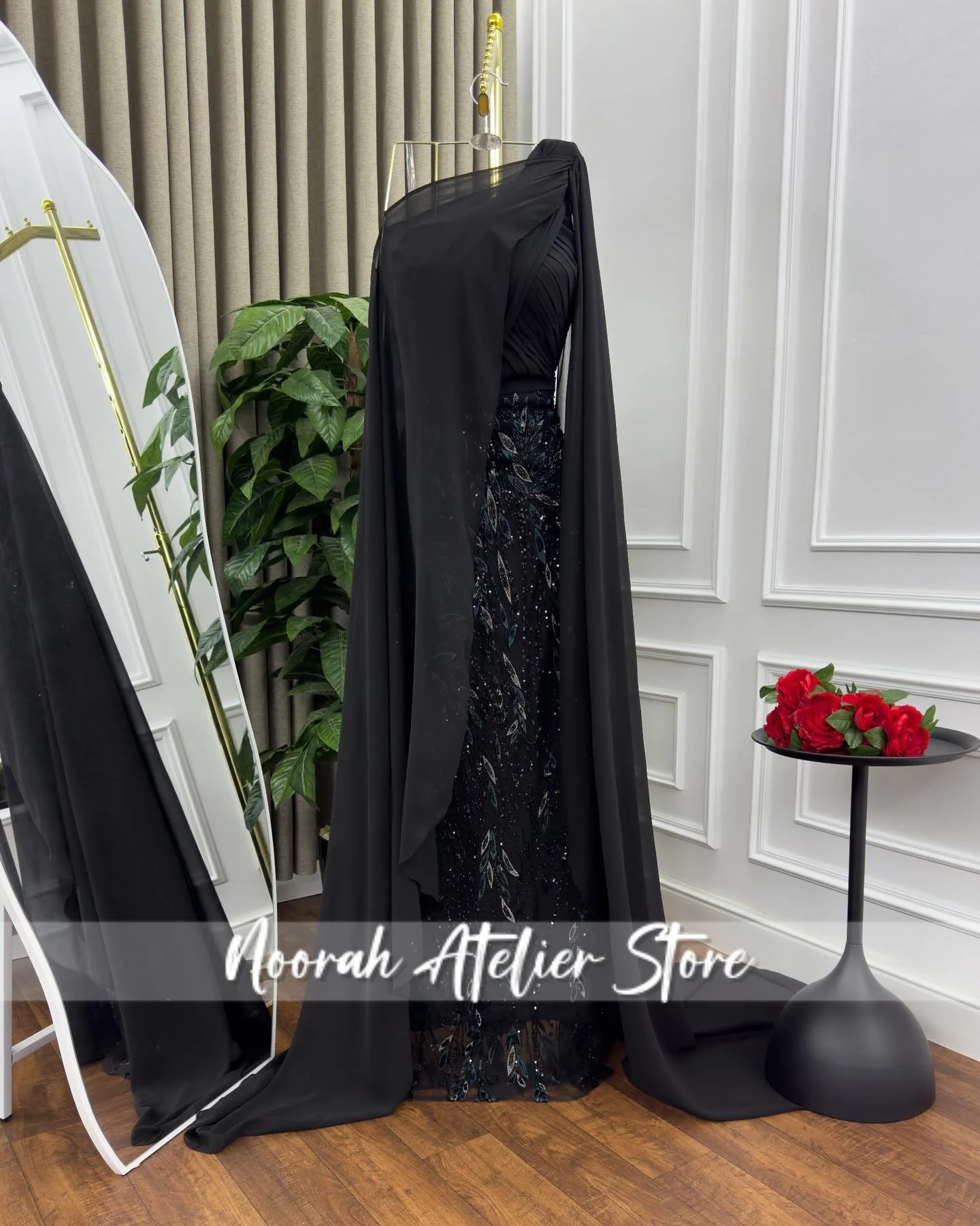 Vestido de noche lujoso de cristal de Arabia Saudita, capa de manga larga de tul verde, vestido de novia negro 2025, vestido largo de graduación personalizado