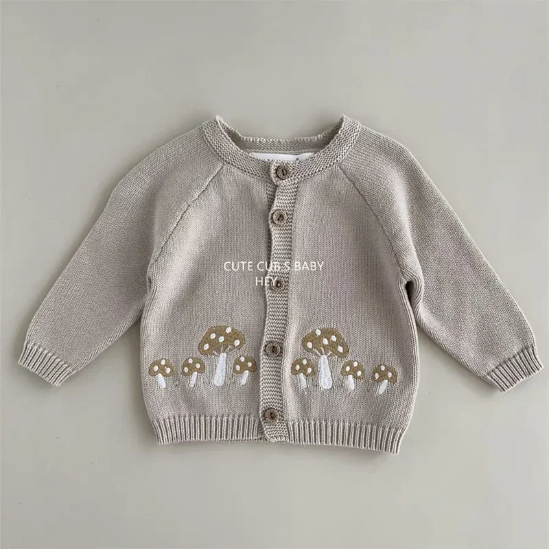 0-3Y Cute Mushroom Embroidery Girls Knitted Cardigans New 2025 Autumn Baby Sweaters Coat Single Breast O-Neck Infant Sweater Top