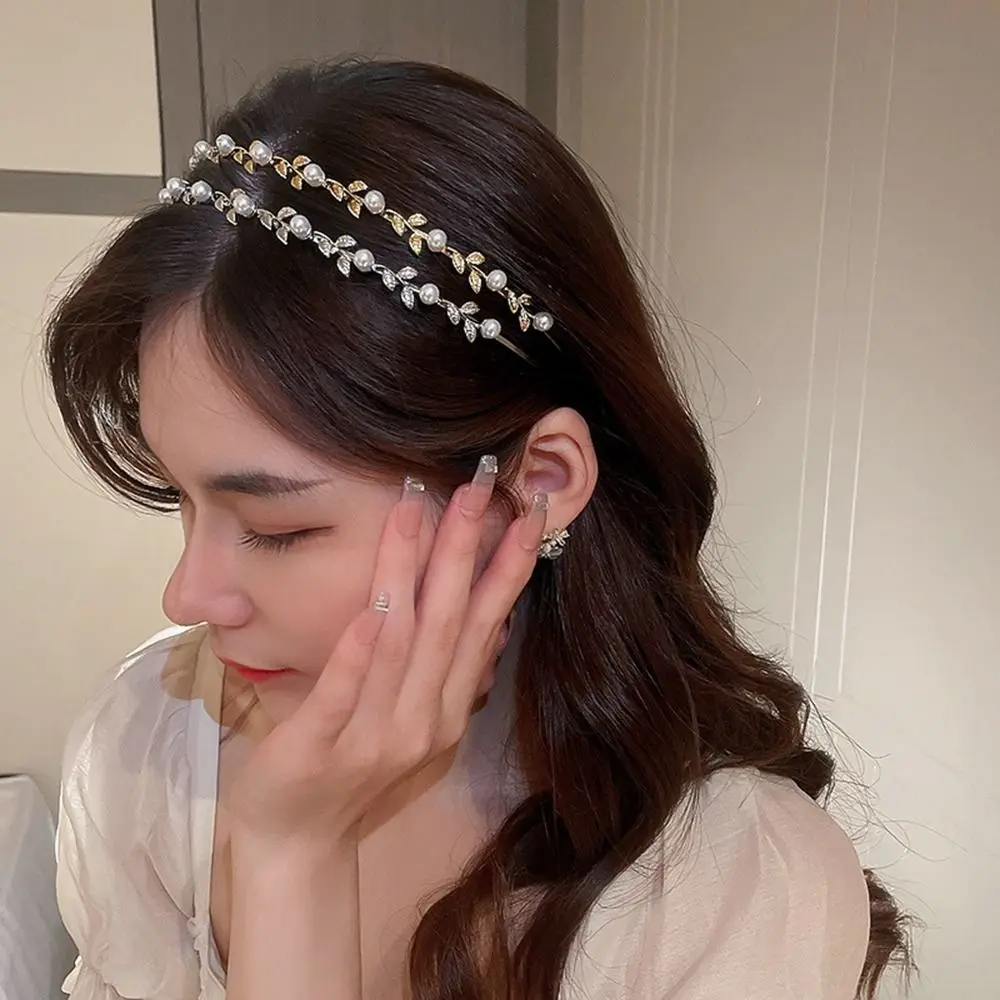 Band Tiara Gold Baroque Female Hair Accessories Korean Style Headwear Rhinestone Hair Band Leaf Headband Girl Thin Hair Hoop