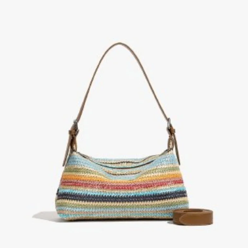 Sac à Main Tissé en Paille Arc-en-ciel de Grande Capacité pour Femme, Fourre-Tout à Rayures, pour Voyage et Shopping, Nouvelle Collection Été 2024