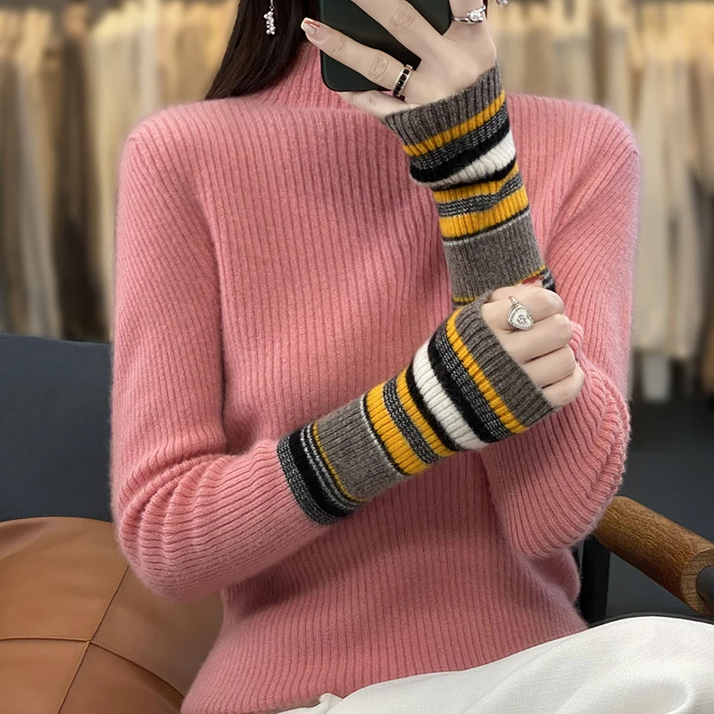 

100% Merino Wool Autumn Winter Comfortable Sweater Half-turtleneck Solid Color Pullover Long Sleeves Cashmere Soft Clothing Top