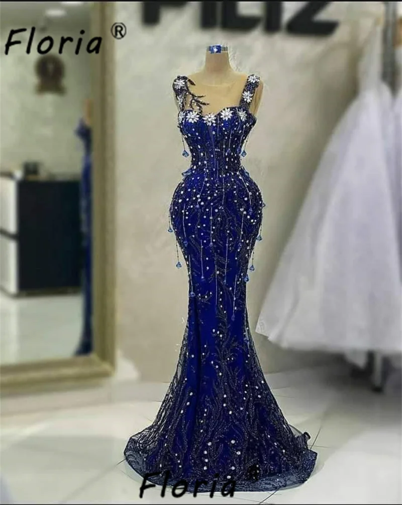 

Blue Beaded Crystal Mermaid Prom Dress with Diamond Tassels Sleeveless Flowers Evening Party Dress Robe soiree Second Reception