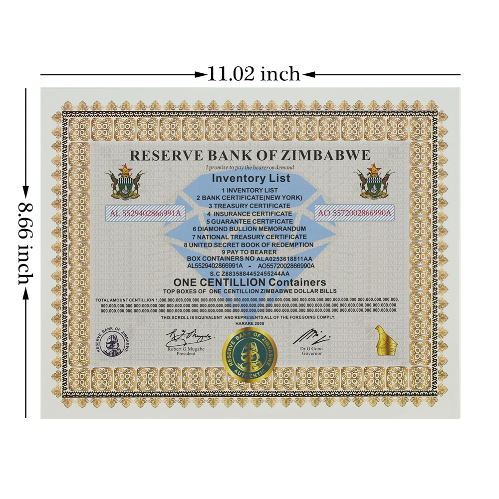 Latest Zimbabwe ONE Centillion Containers Banknote Certificate with Serial Number UV Anti-counterfeiting Paper Money Gifts