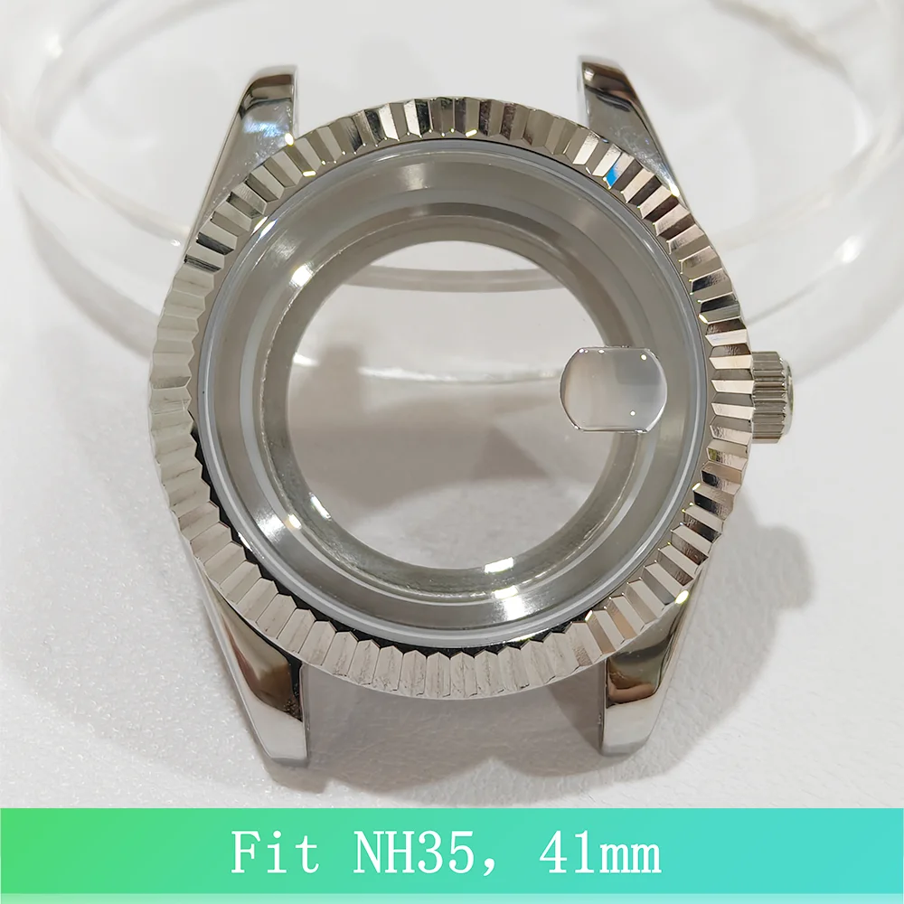 

For NH35 41mm Watch case 316L Stainless Steel Sapphire Crystal Glass Calendar Window Transparent Back 20mm Strap Accessories