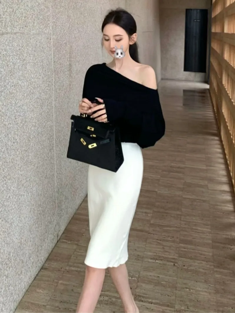 

Retro High Waist Knitted Long Sve Asymmetrical oulder Women's Faion Set with Skirt Autumn Winter Season Sle