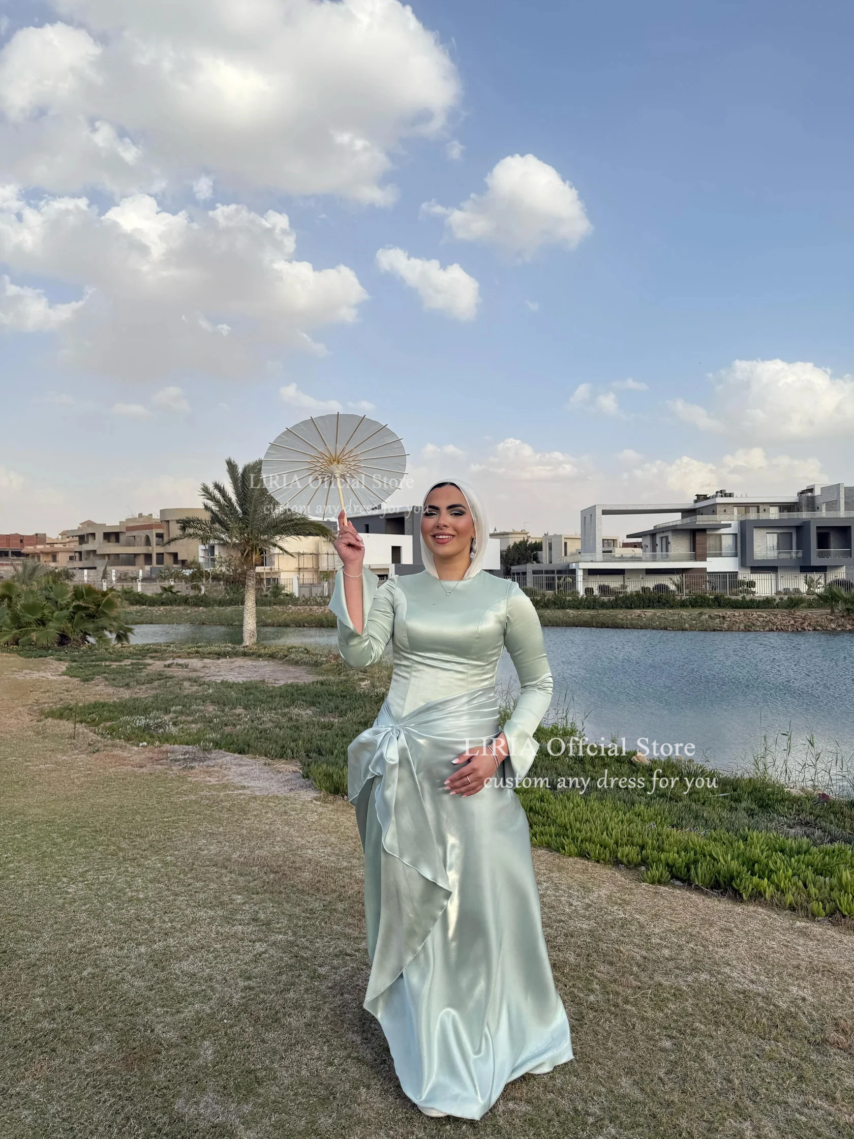 LIRIA Blue Custom Satin Hijab Evening Dress Long Sleeve Modest Formal Gown Customized for Customers for Wedding Party Dress