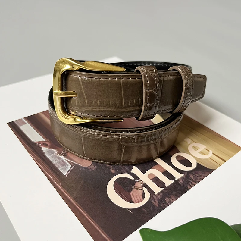 Cowhide Gold-Plated Buckle Belt Original Retro Classic Embossed Ladies Crocodile Belt Versatile Genuine Leather Trend 2.8cm Widt