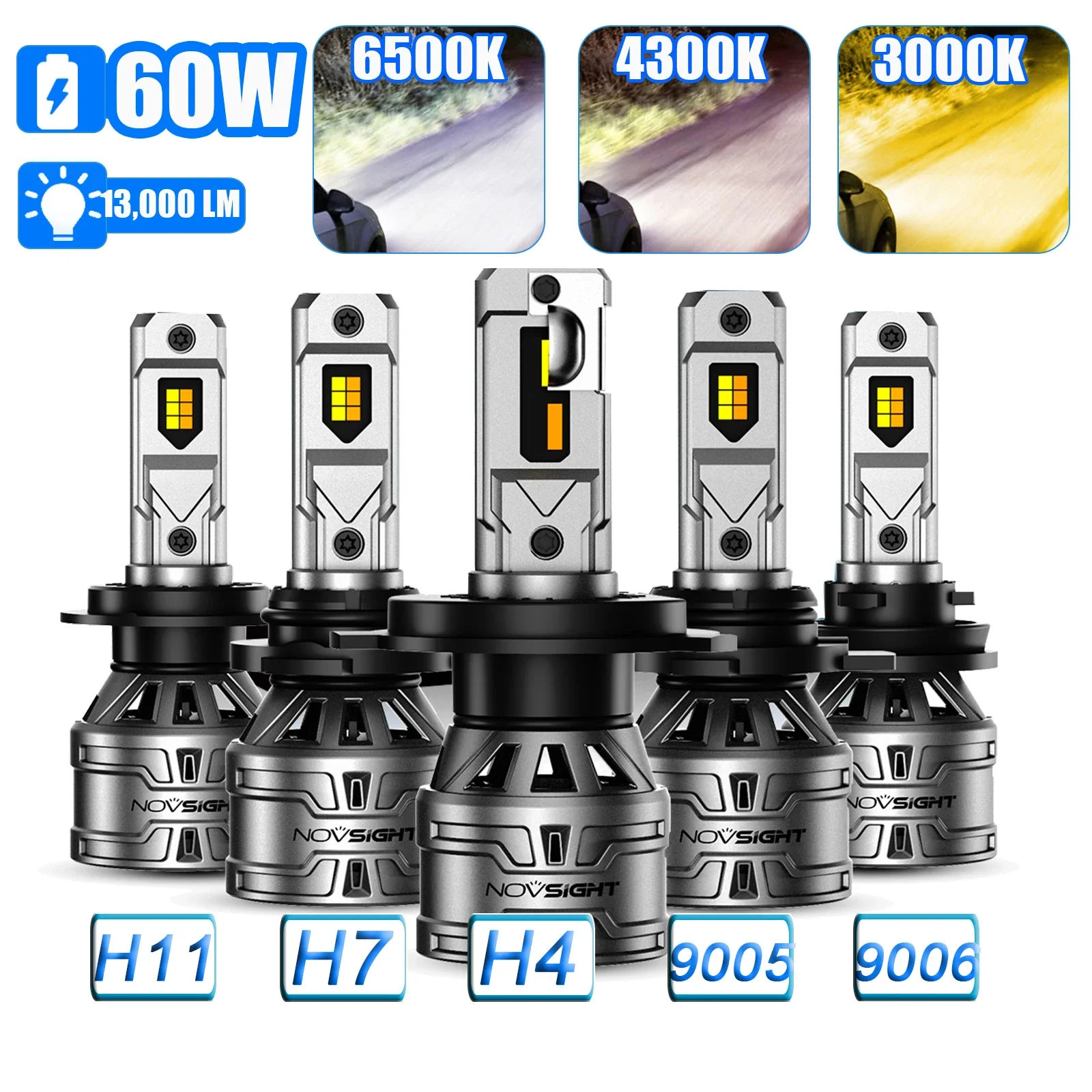 NOVSIHT H4 H7 H11 9005 9006 60W 13000LM 3000K 4300K 6500K Car LED Headlight Bulbs Automobile Headlamp Fog Lights 9-32V