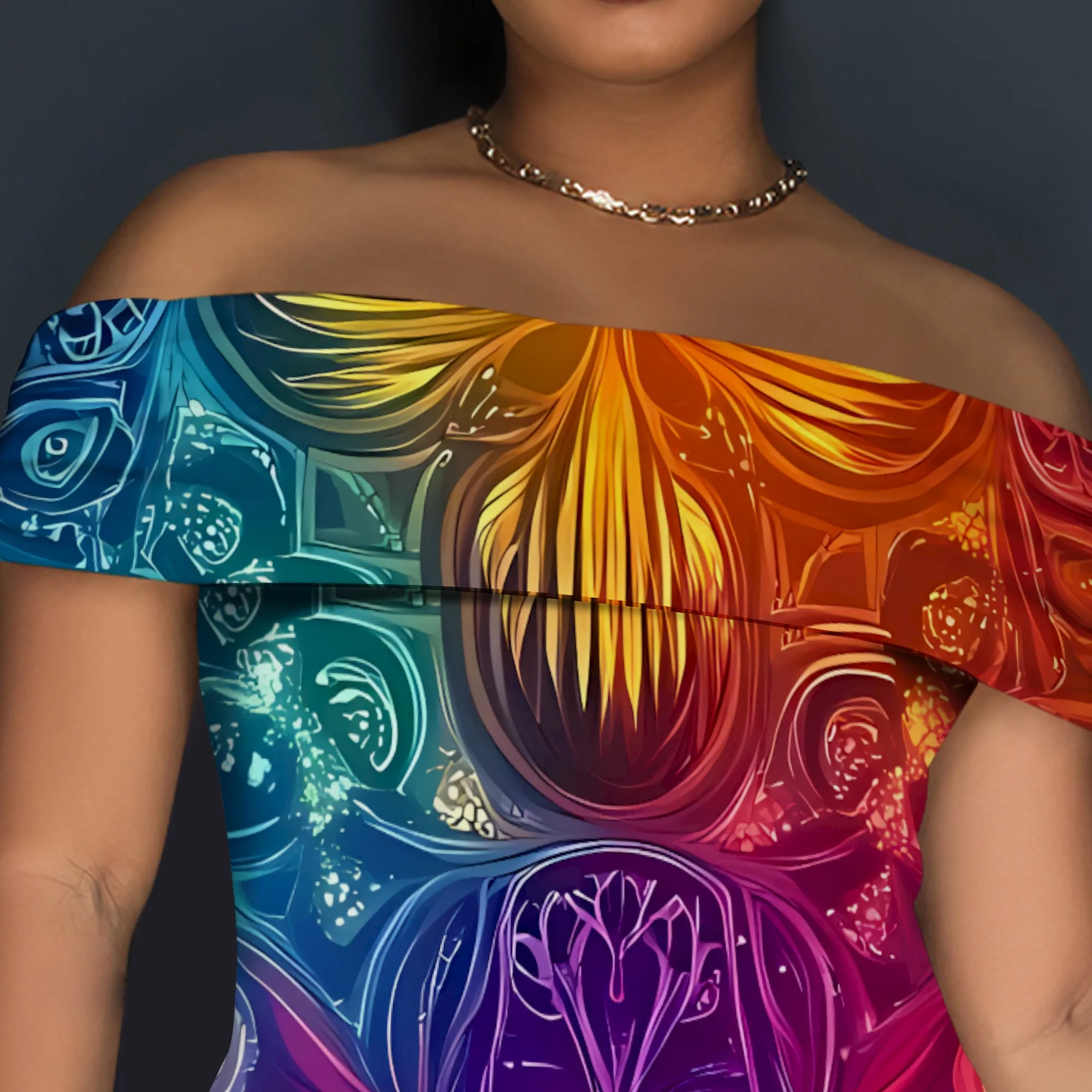 Rainbow Gradient พิมพ์ปิดไหล่ Maxi Dress SLIM FIT ผู้หญิง Elegant PARTY ชุดเดรสยาวพร้อม Slit