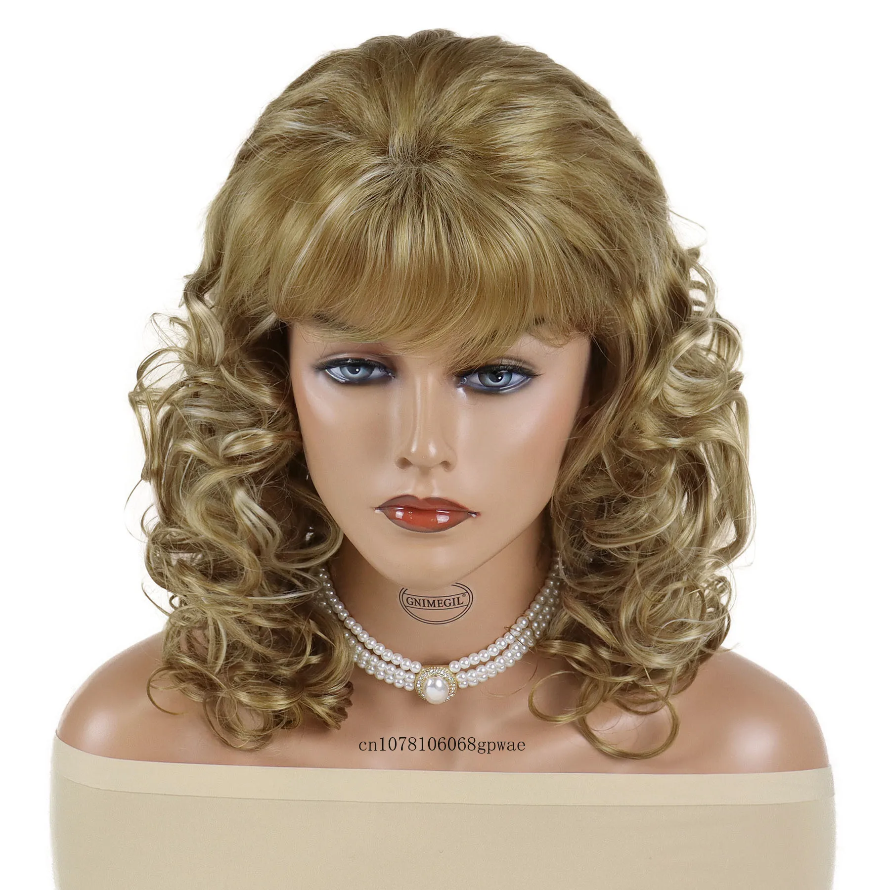 Wig pendek untuk wanita Wig pirang sintetis dengan poni rambut keriting alami halus bergaya ibu Wig Cosplay wanita pesta Halloween